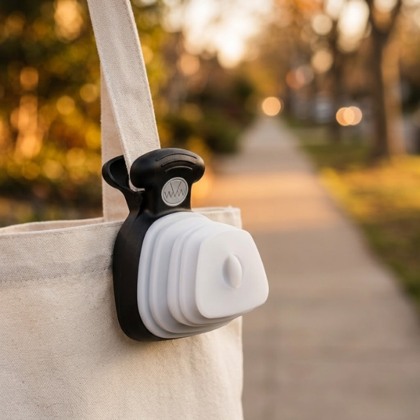 Pocket Scoop clipped to tote bag handle on a park walk