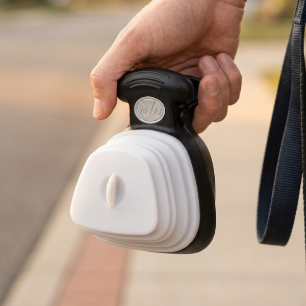 Hand holding the Pocket Scoop mid-walk with leash visible